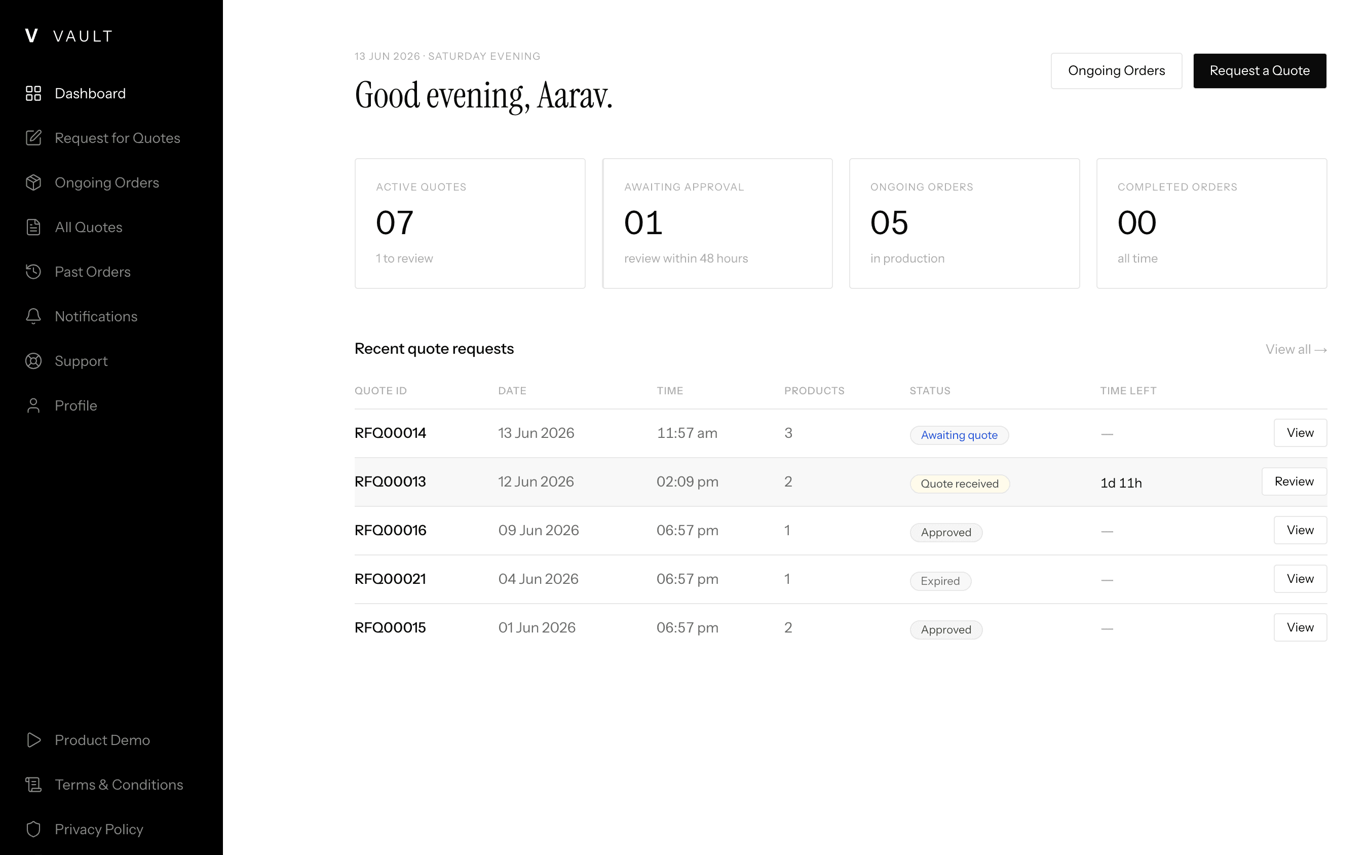 The Vault dashboard, showing active quotes and recent quote requests